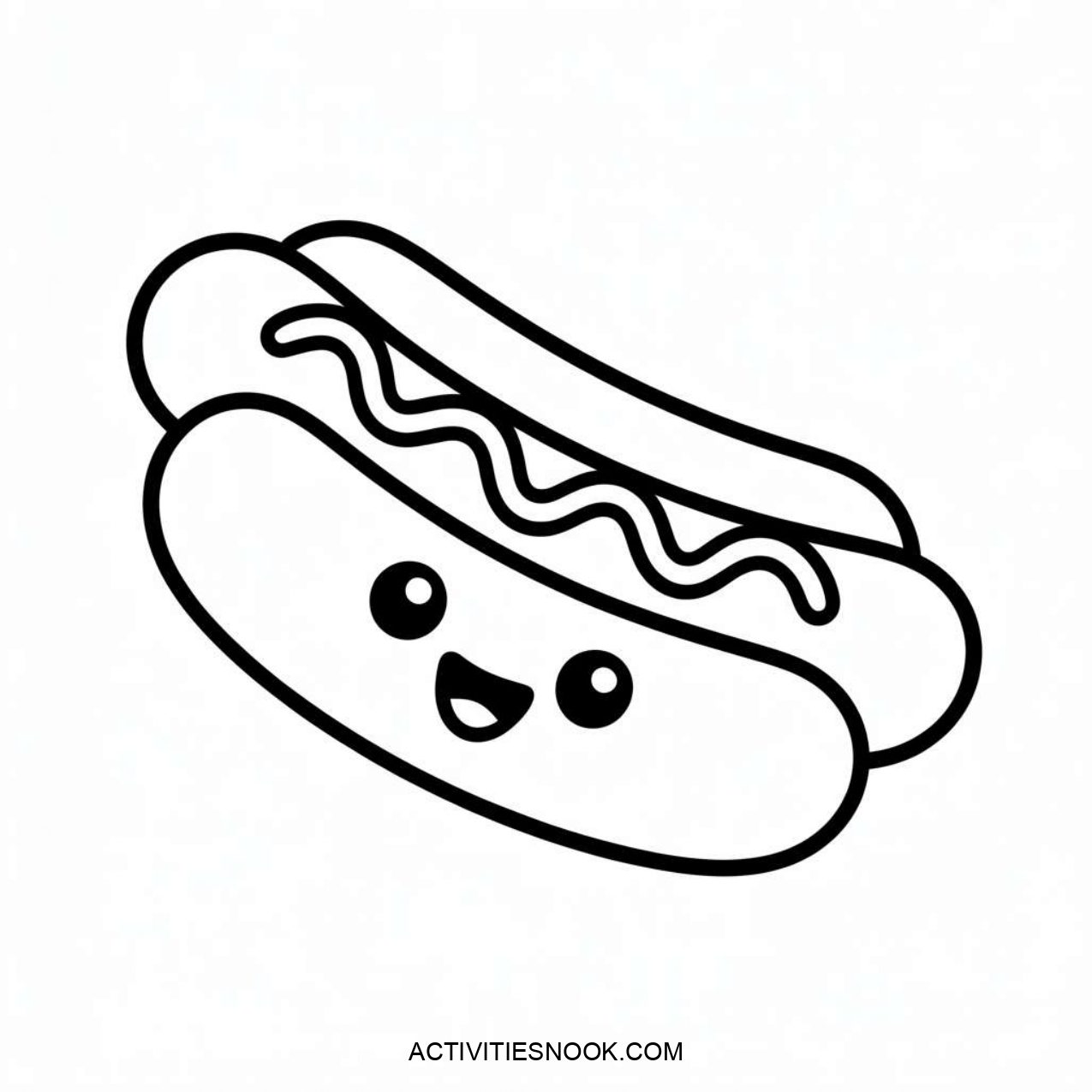 A cartoon-style hot dog featuring a smiling face and simple line art. The design is suitable for coloring activities.