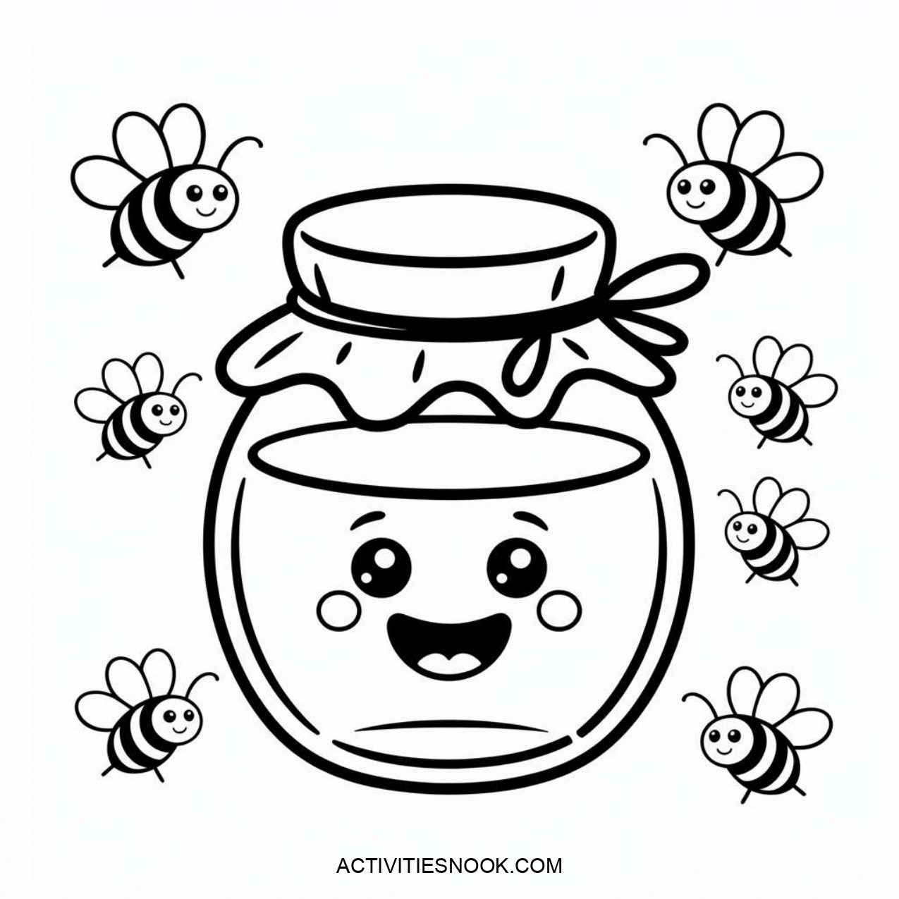 A cartoon-style jar with a smiling face and a lid, surrounded by several small bees. The design is outlined for coloring purposes.
