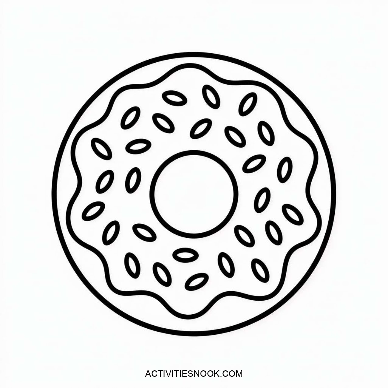 An outline drawing of a donut with a central hole and decorative sprinkles around the surface. The design is simple and suitable for coloring activities.