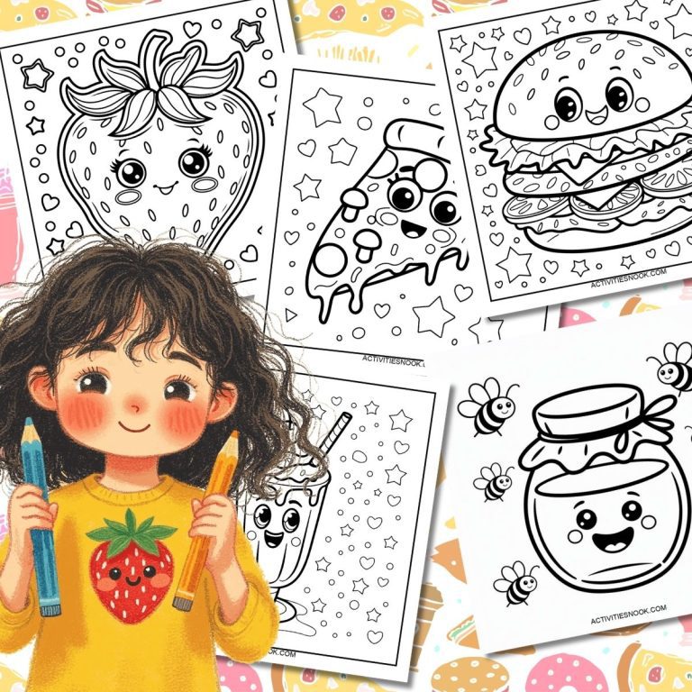 Collage of Coloring pages featuring cute food illustrations and a child holding crayons.