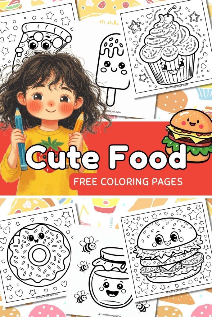 Collage of Coloring pages featuring cute food illustrations, including a burger, donut, and ice cream.