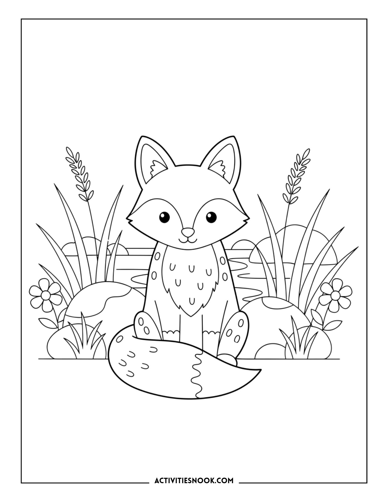 cartoon fox sitting by a pond with reeds and flowers, printable coloring page