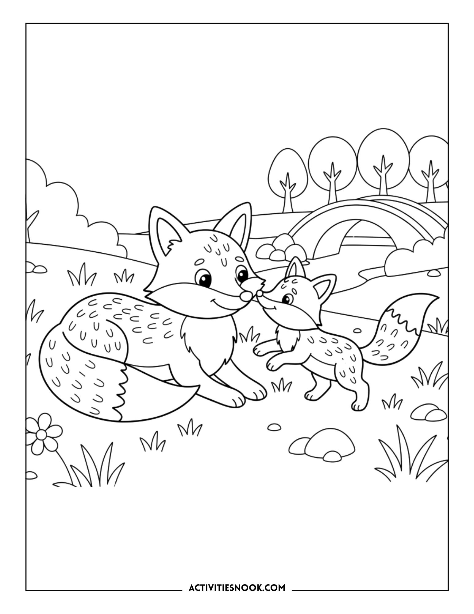 adult fox and young fox together in meadow with trees and bridge, cute animal coloring page