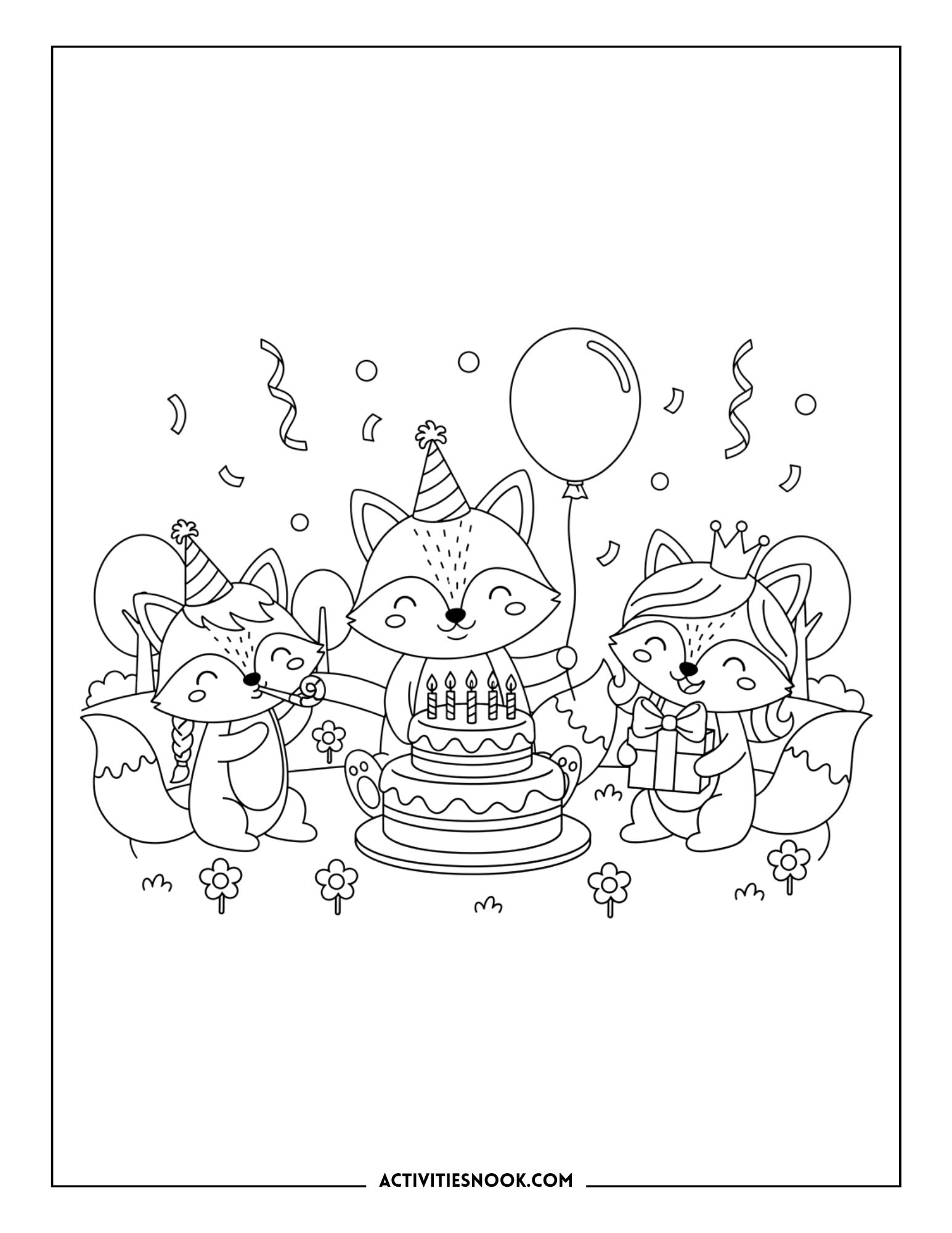 foxes wearing party hats around a birthday cake with balloons and confetti, printable coloring page