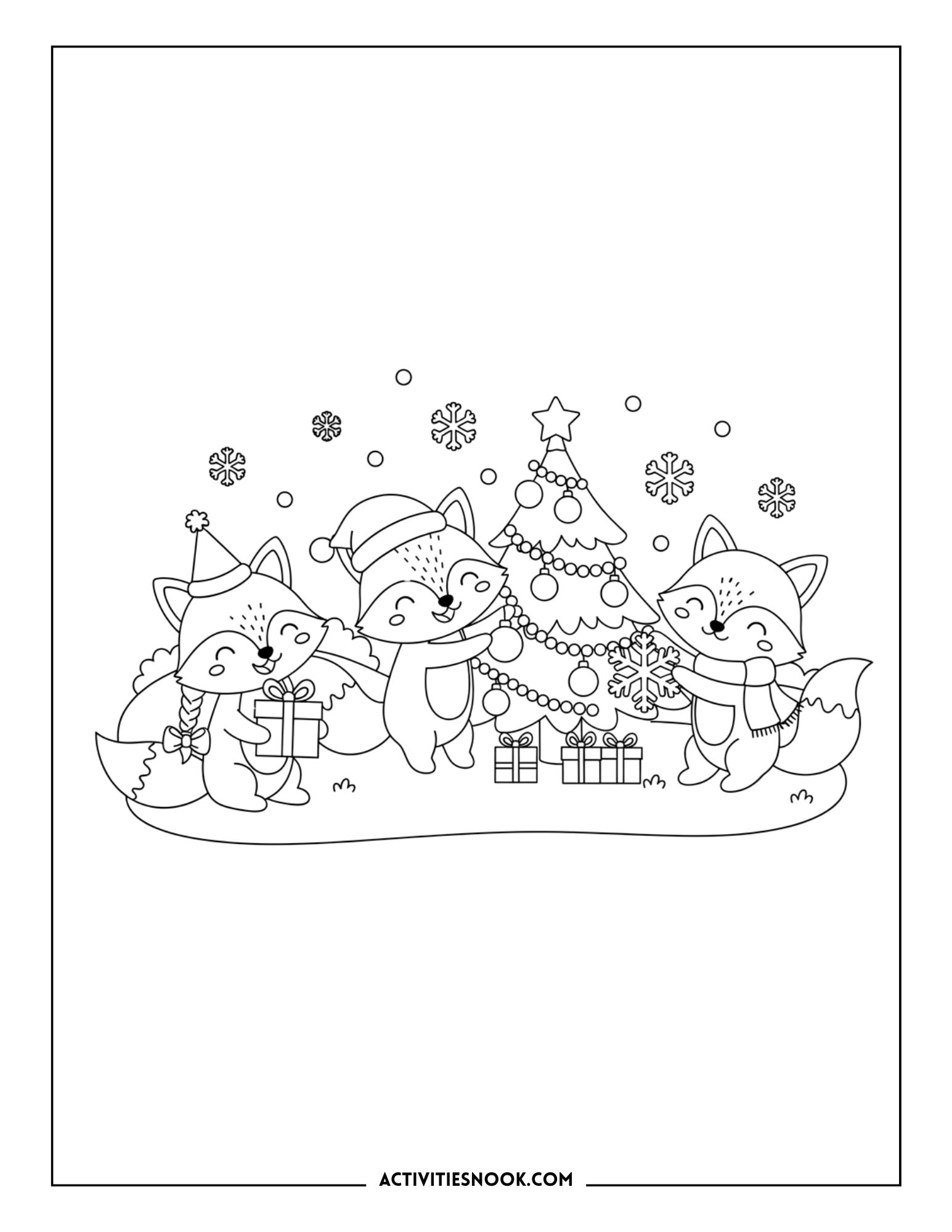 foxes decorating a Christmas tree with gifts and snowflakes, winter holiday coloring sheet