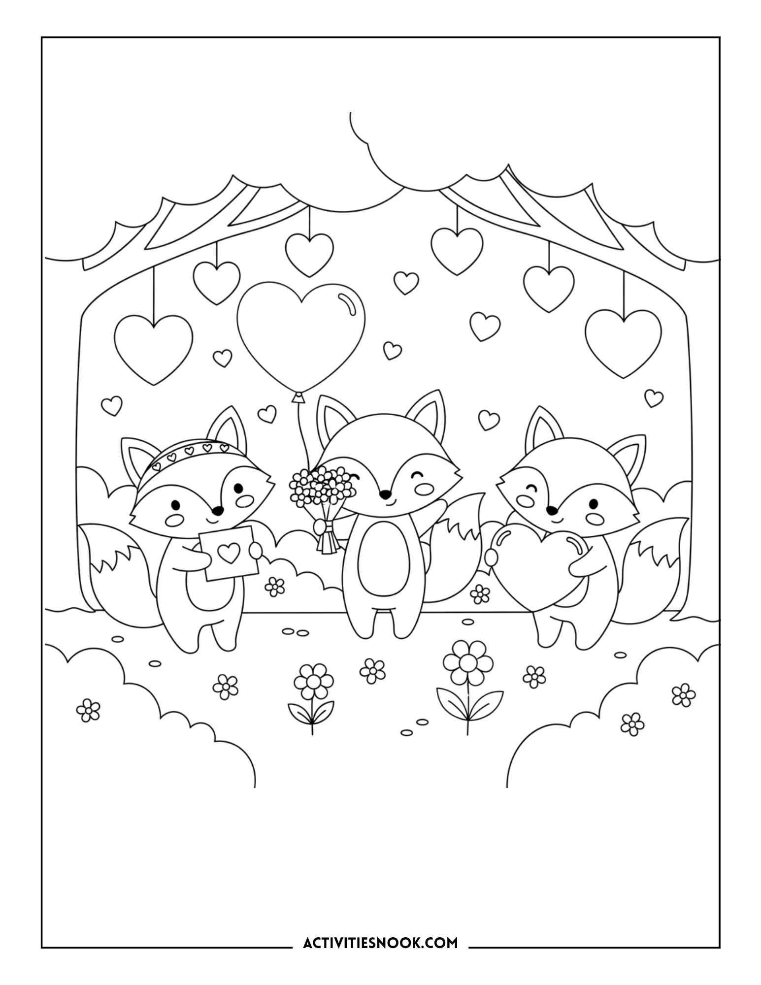 foxes exchanging hearts and flowers under hanging heart decorations, Valentine coloring page