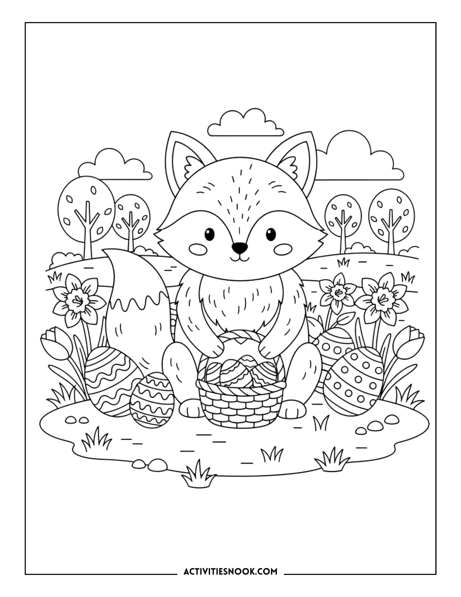 cute fox with Easter eggs and flowers in a meadow, spring holiday coloring sheet
