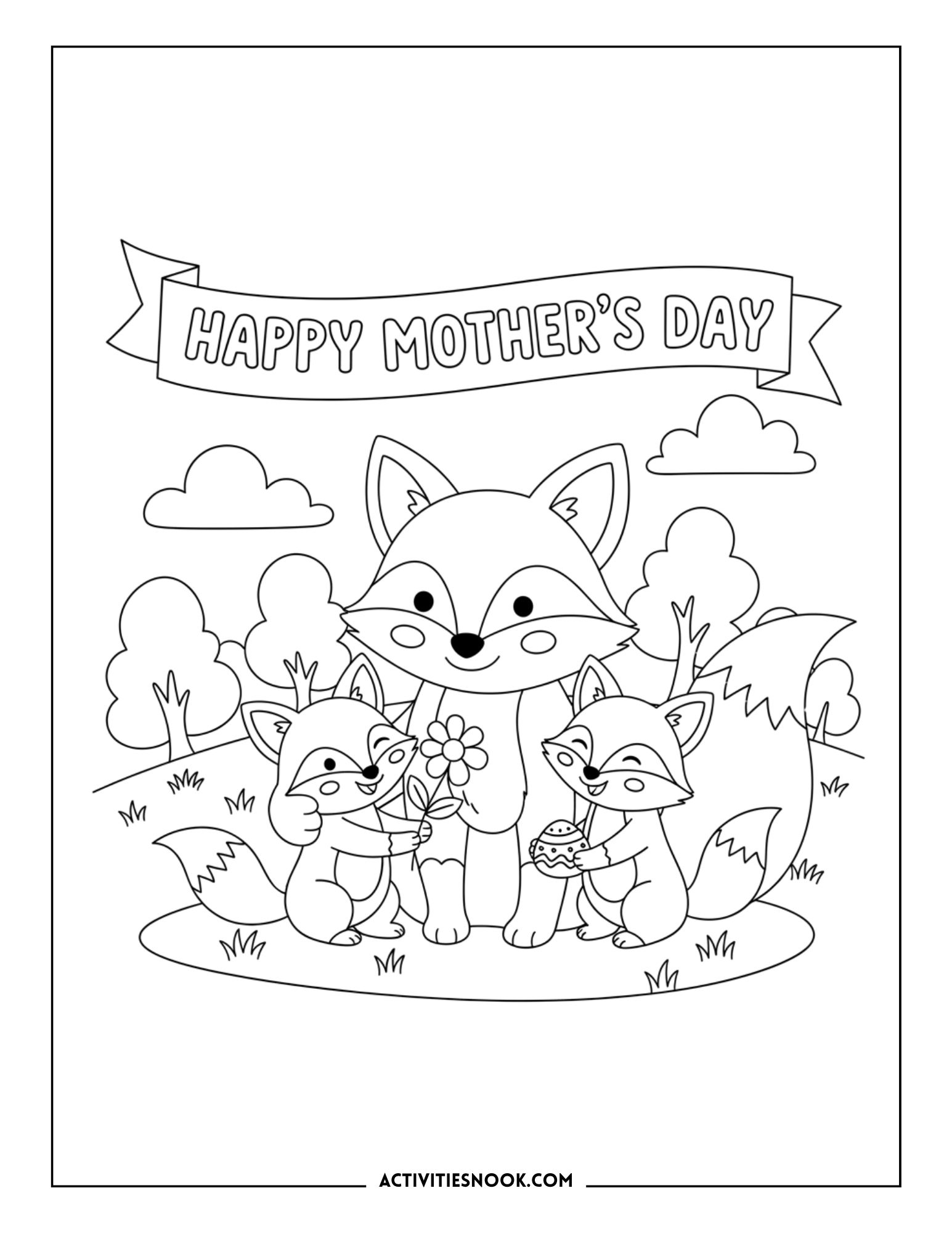 mother fox with baby foxes holding gifts and flowers under Happy Mother’s Day sign, family coloring page