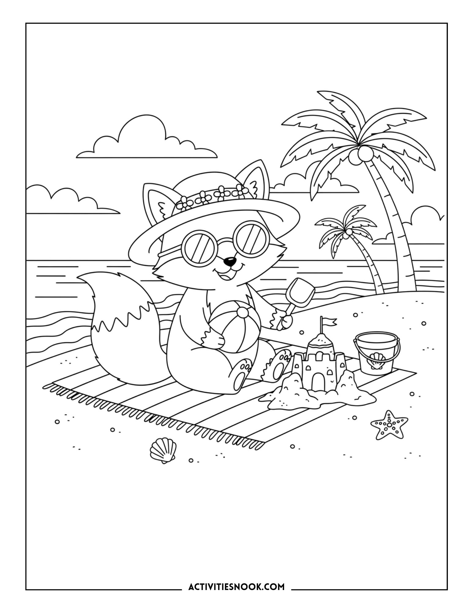 fox sitting on beach towel building sandcastle with bucket and shovel, summer vacation coloring page