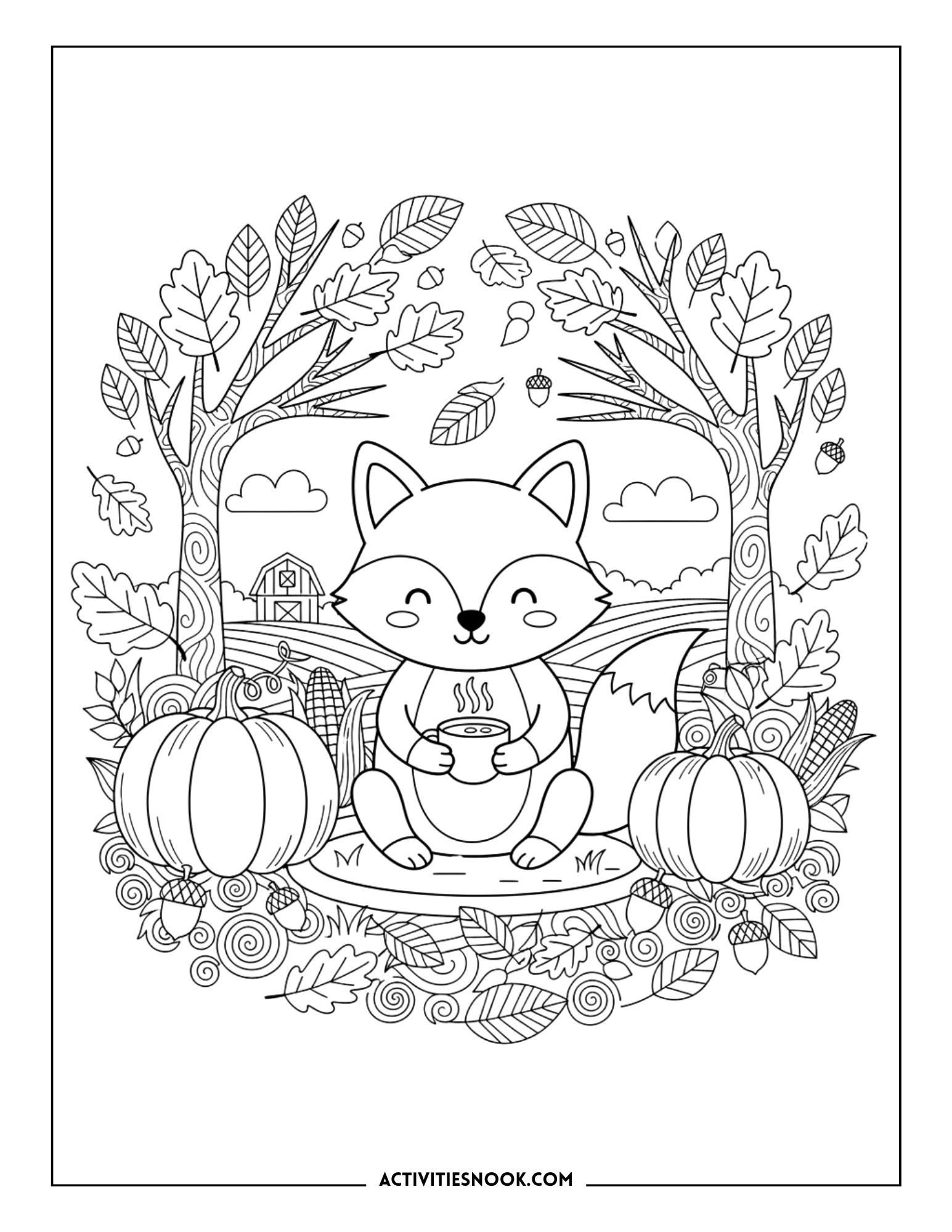 fox holding mug surrounded by pumpkins, leaves, and trees, autumn coloring sheet
