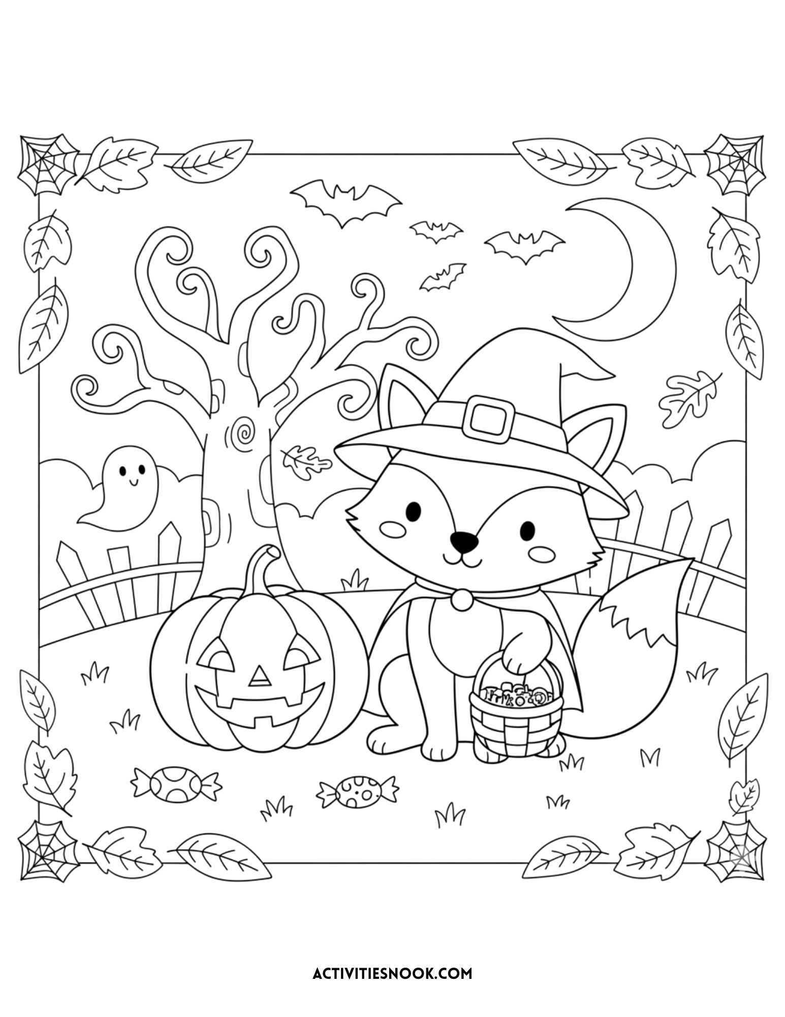 fox in witch hat with pumpkin, bats, and candy in a Halloween night setting, kids coloring page