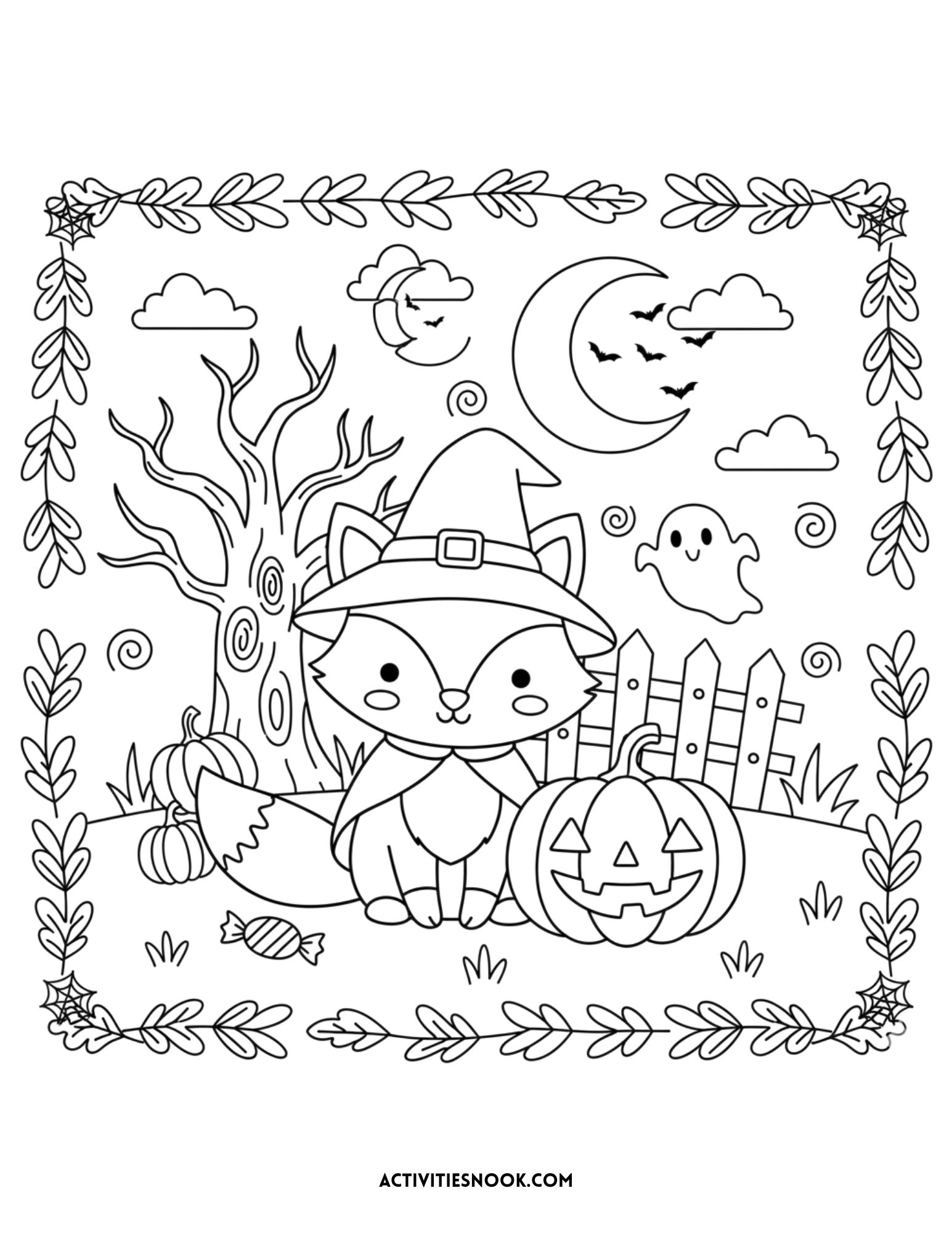 fox wearing cape beside pumpkin and candy with moon and ghosts, Halloween coloring printable