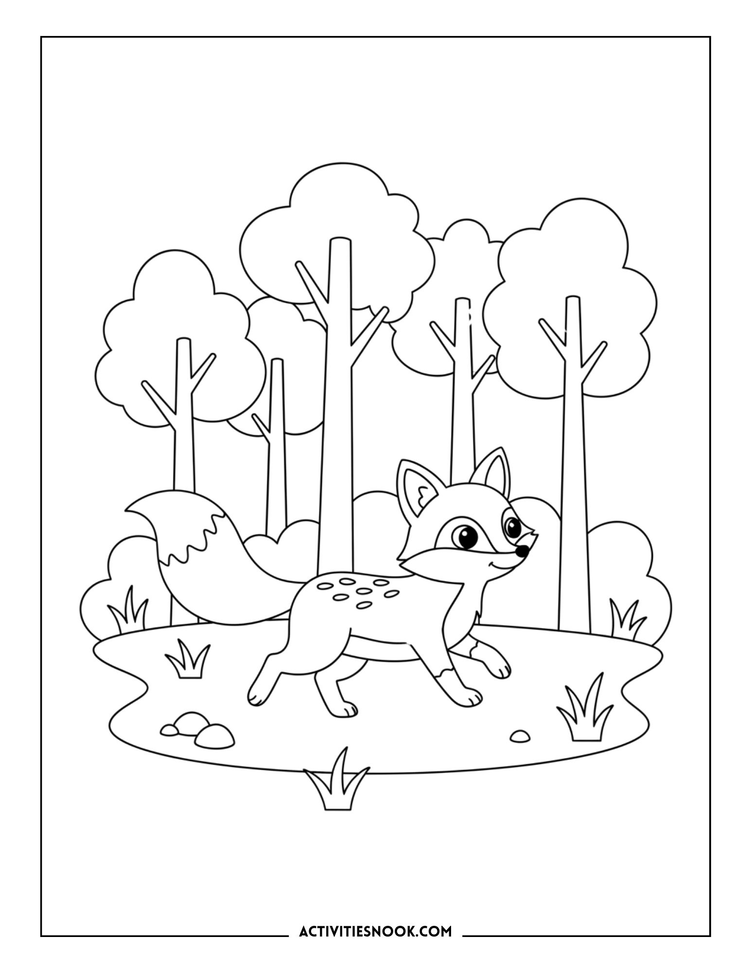 fox walking in a forest clearing with trees and grass, easy fox coloring sheet