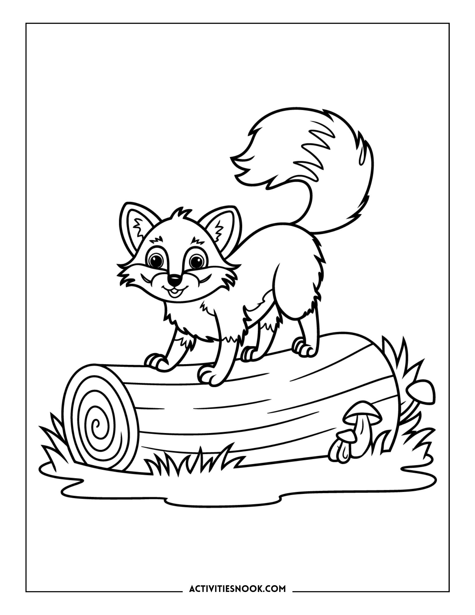 fox standing on a log with mushrooms and grass in forest scene, woodland animal coloring page