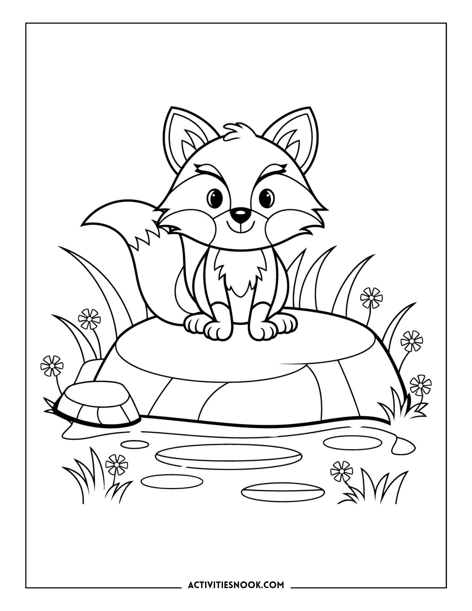 fox sitting on a rock near a pond with flowers and plants, printable animal coloring page