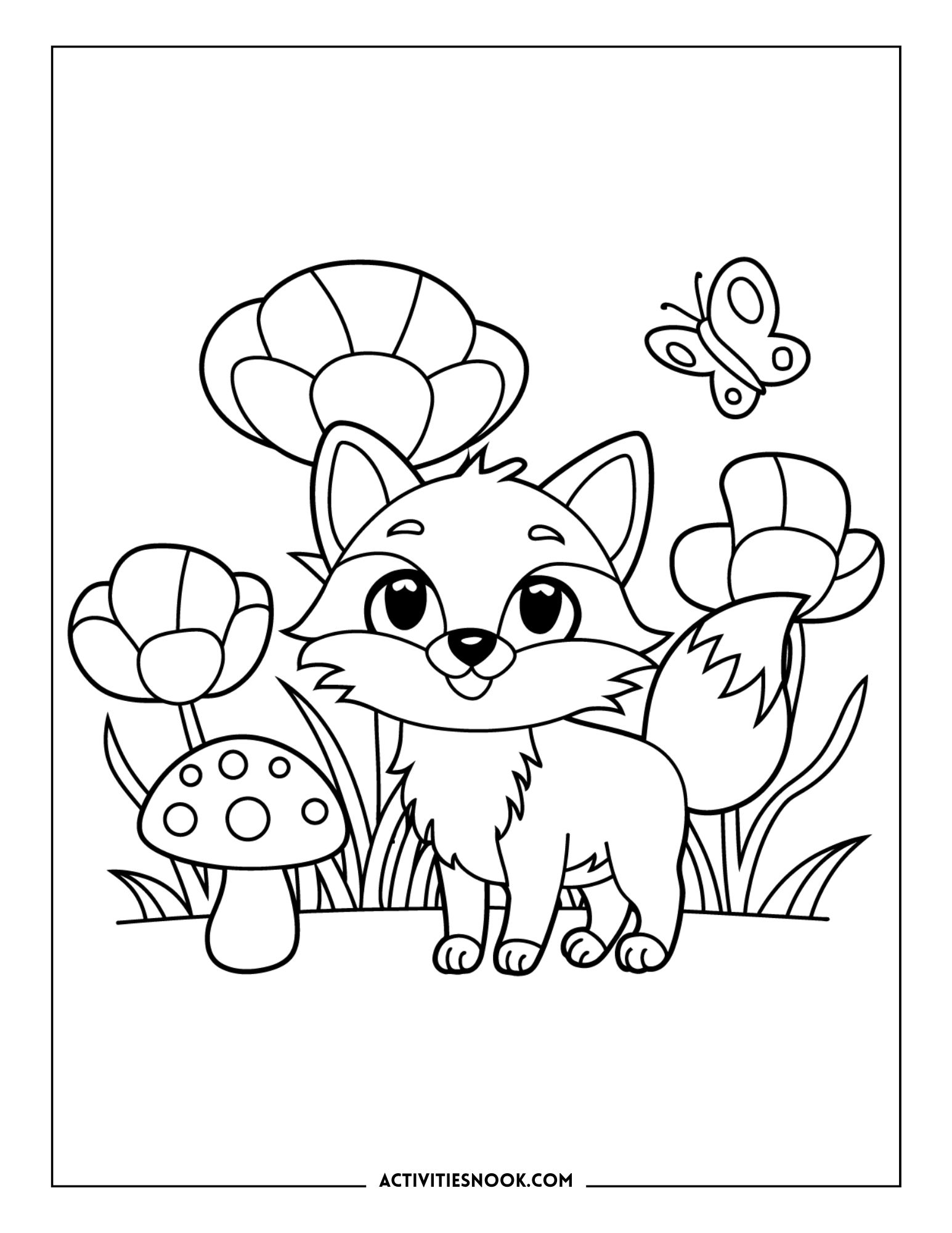 fox surrounded by flowers, mushrooms, and a butterfly, woodland animal coloring page