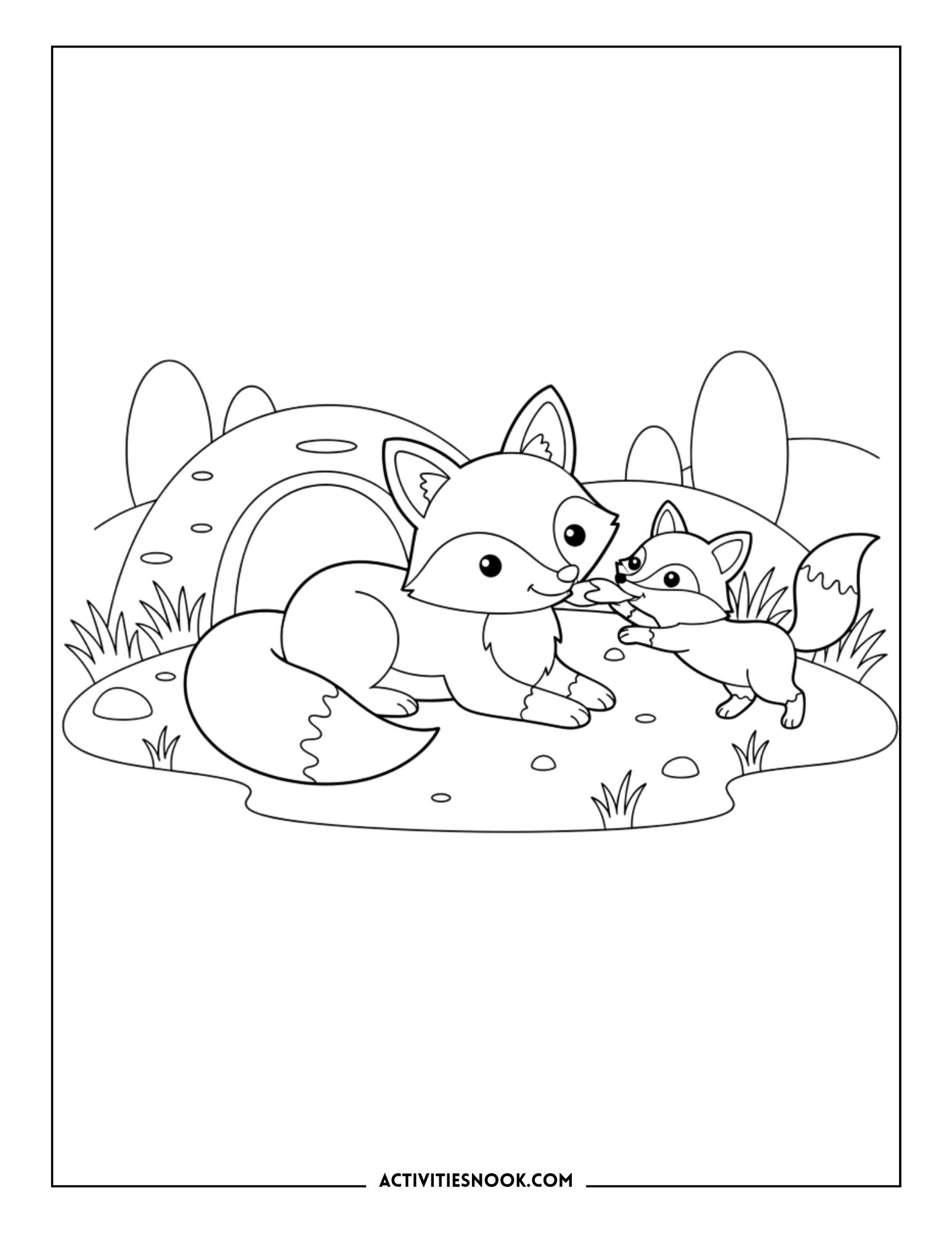 adult fox and baby fox together near a den, cute family coloring page