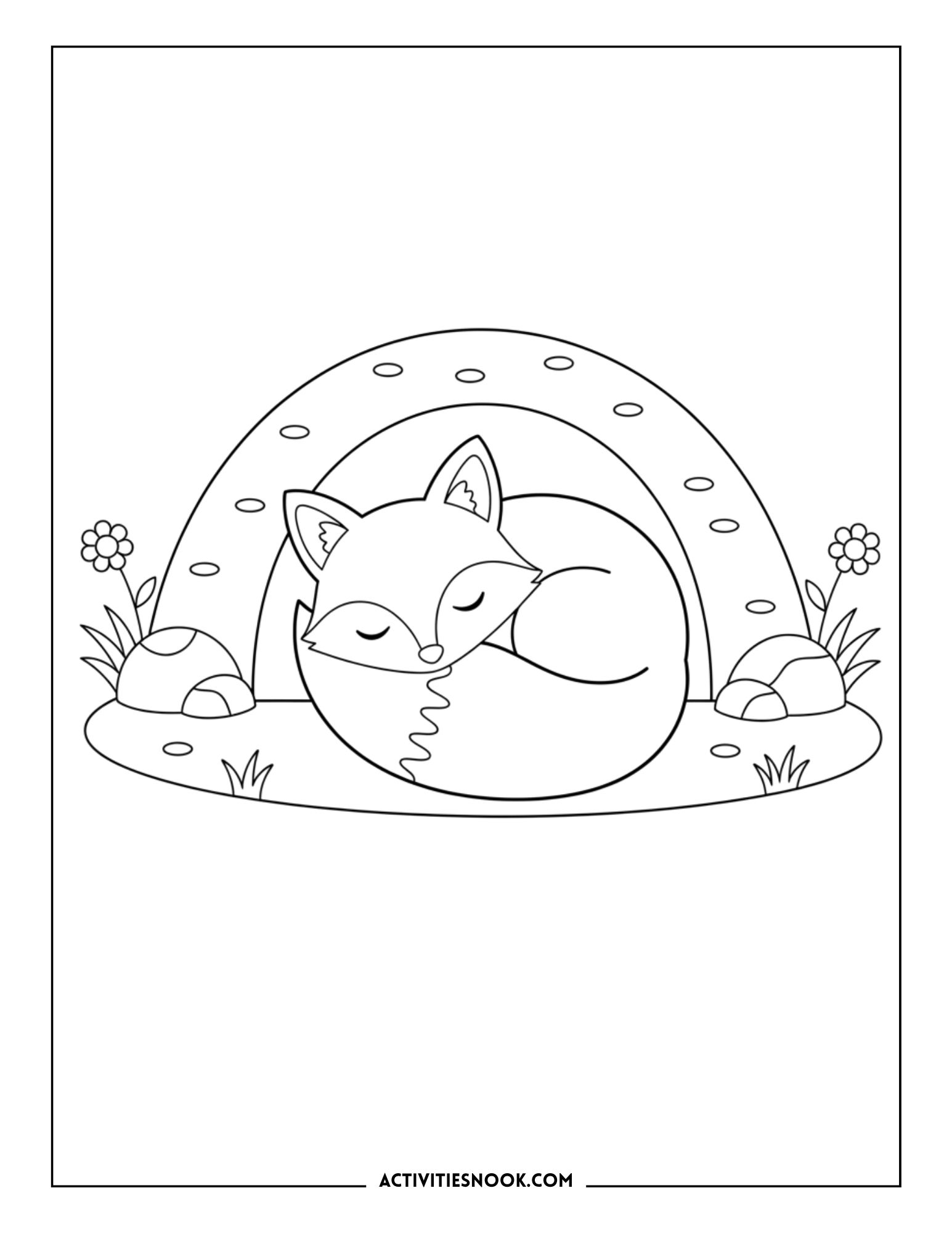 curled up sleeping fox in front of den with flowers and rocks, printable coloring page