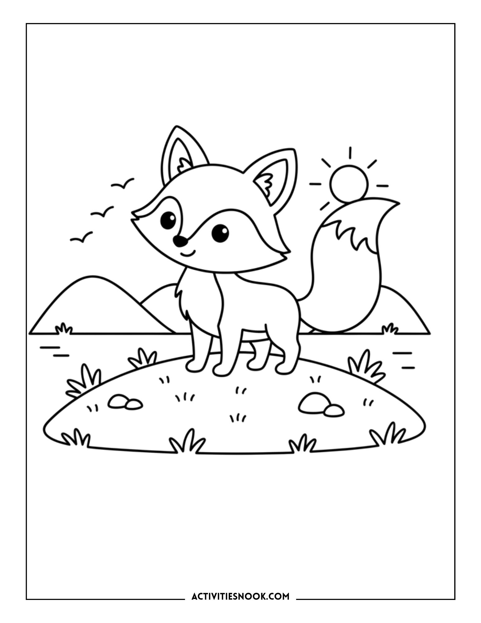 cartoon fox standing on a hill with sun and mountains, kids coloring printable