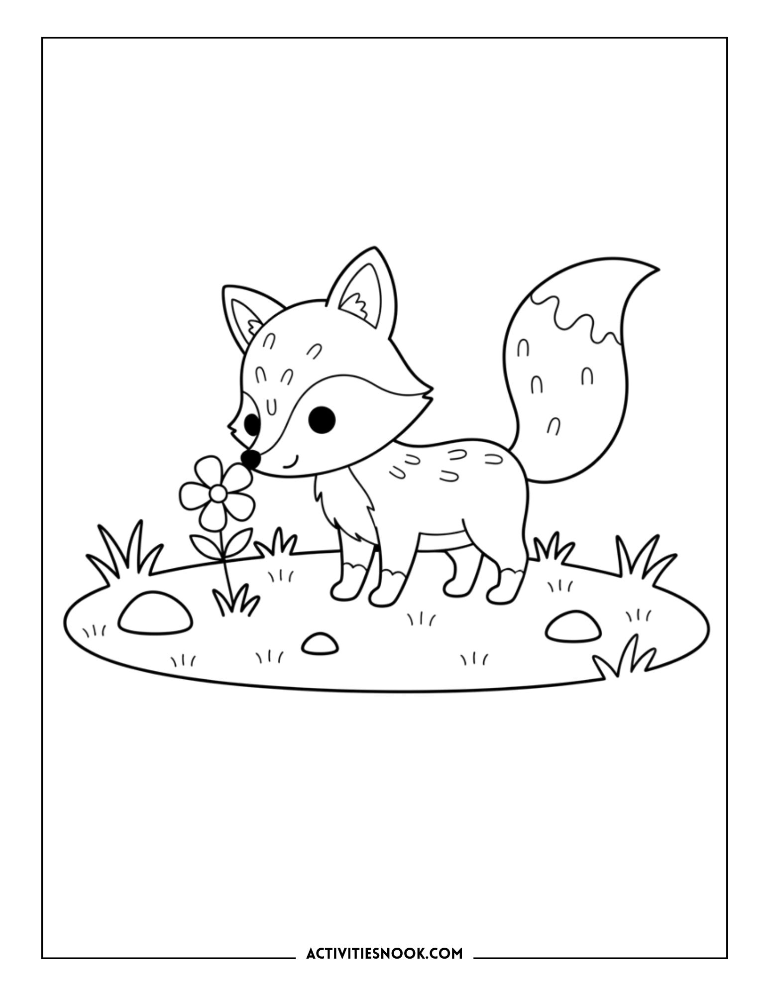 cute fox smelling a flower in a grassy field, nature coloring page