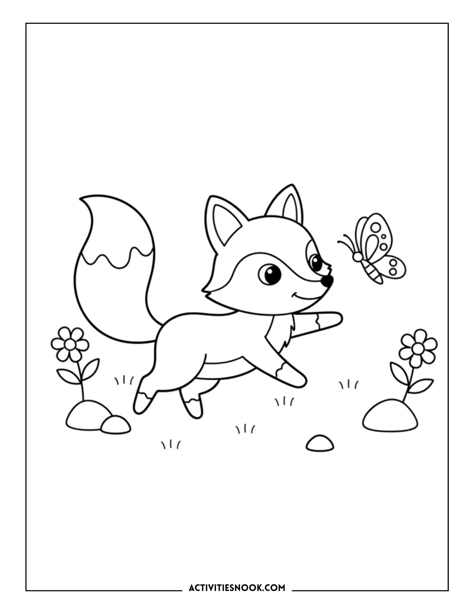 fox playing with butterfly in garden with flowers, fun animal coloring page