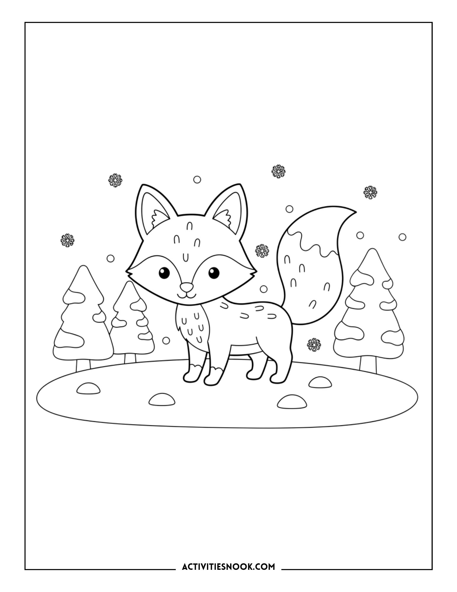 fox in winter forest with snowflakes and pine trees, winter coloring page