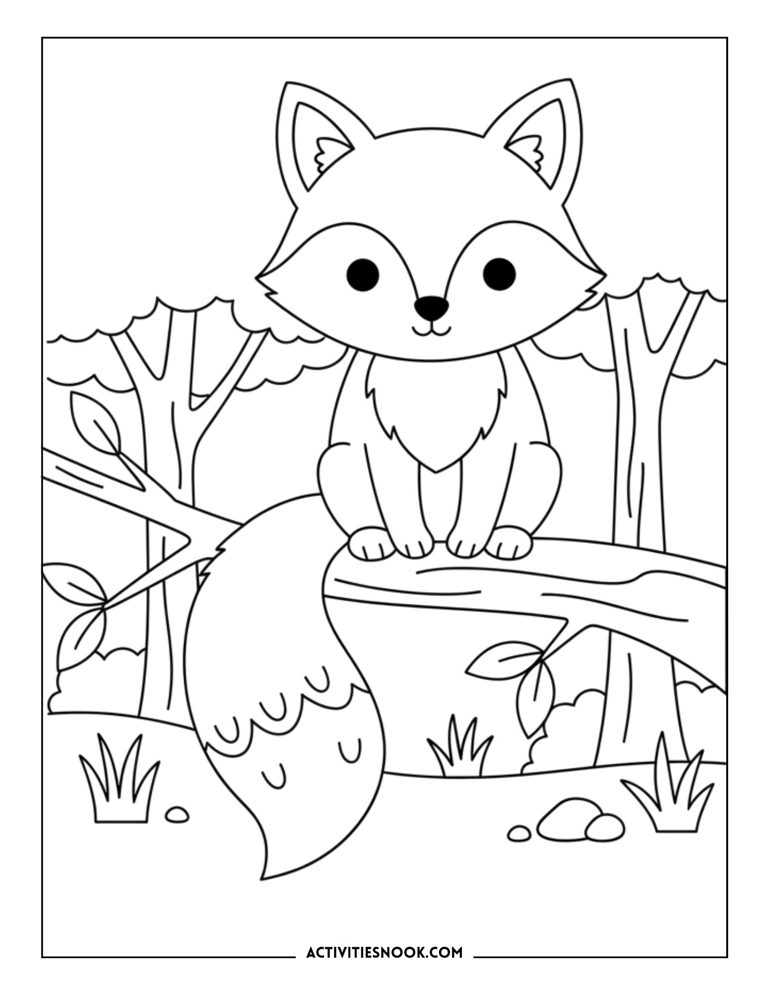 fox sitting on a tree branch surrounded by forest trees, printable coloring sheet