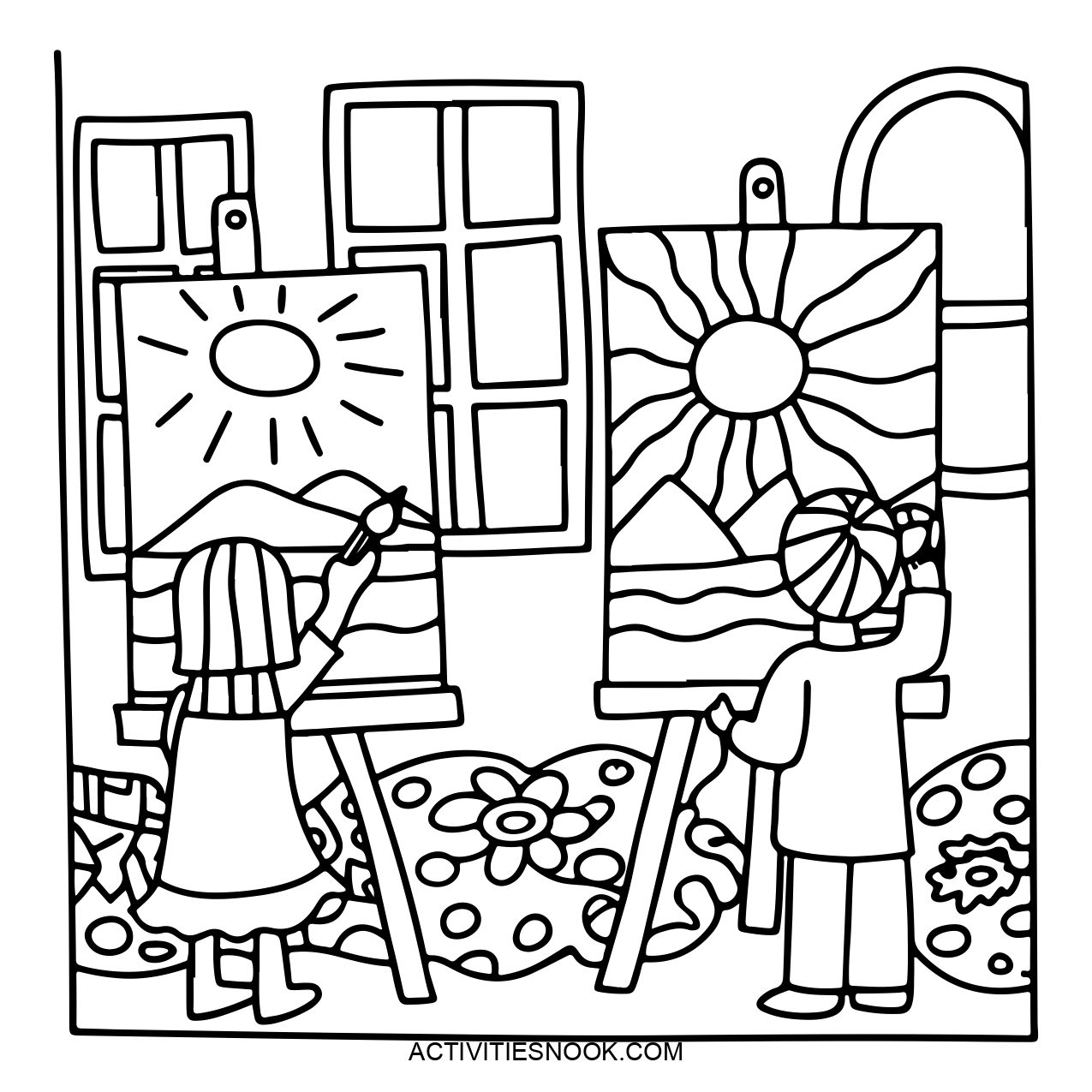 Two children are engaged in coloring activities at easels, one depicting a sun and the other a mountain scene. The setting includes decorative elements.