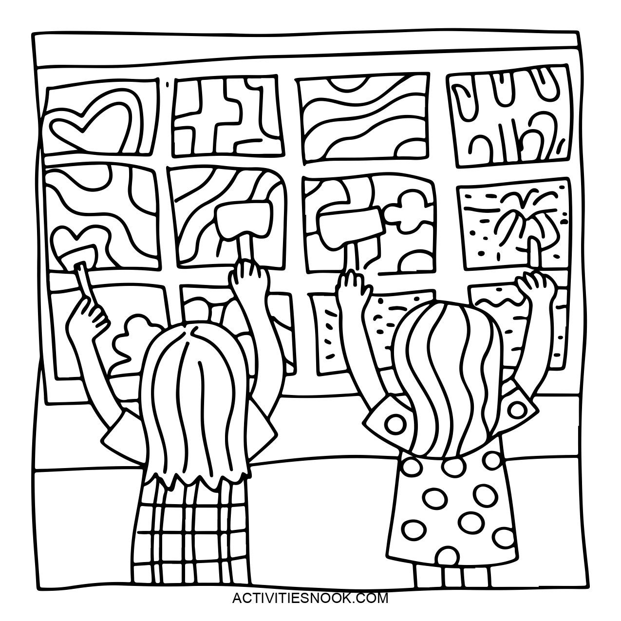 Two friends coloring on a large mural with various patterns.