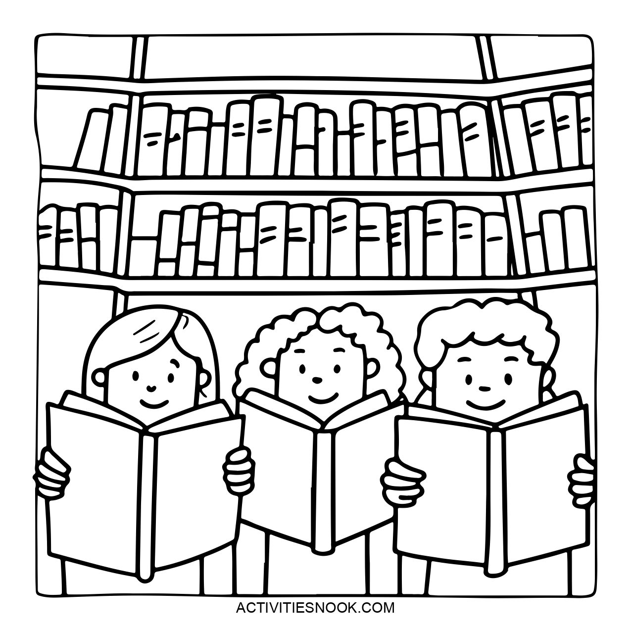 Three friends reading books in a library setting.