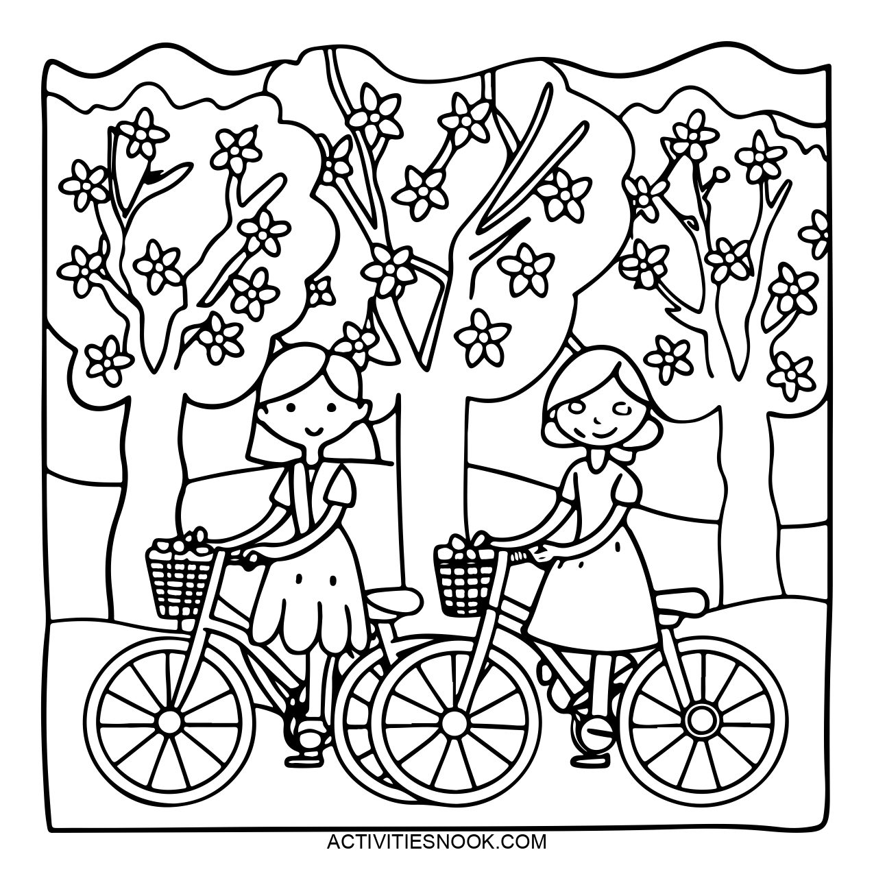 Two girls riding bicycles in a park setting with trees and flowers.
