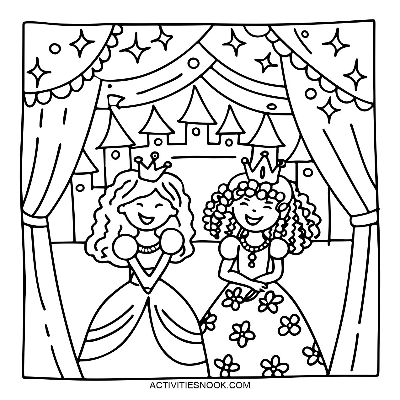 Two princesses in a castle setting, outlined for coloring.