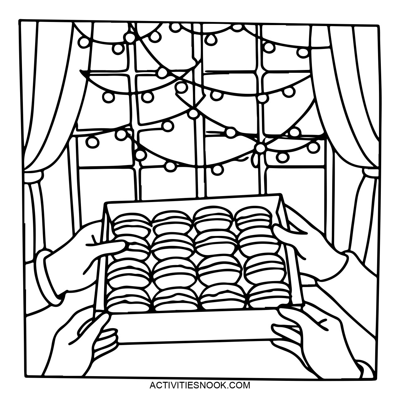 A black and white coloring page depicting a box of macarons being held by two hands in front of a window with decorative lights.