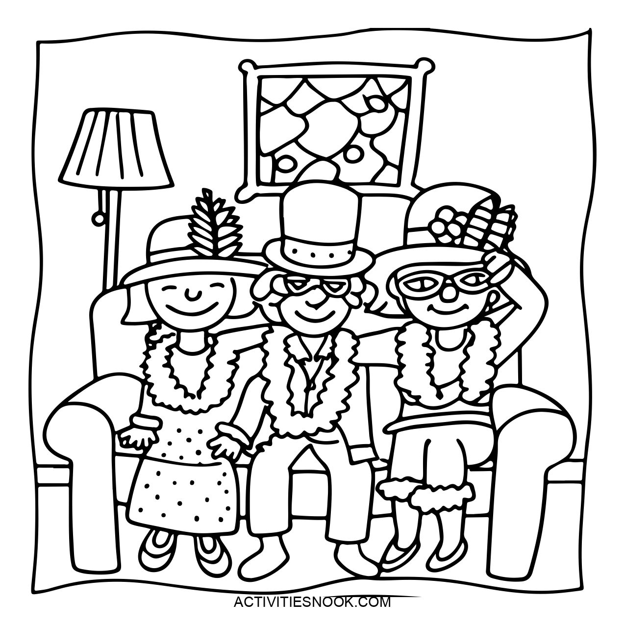 Three wacky friends in festive attire sitting on a couch.