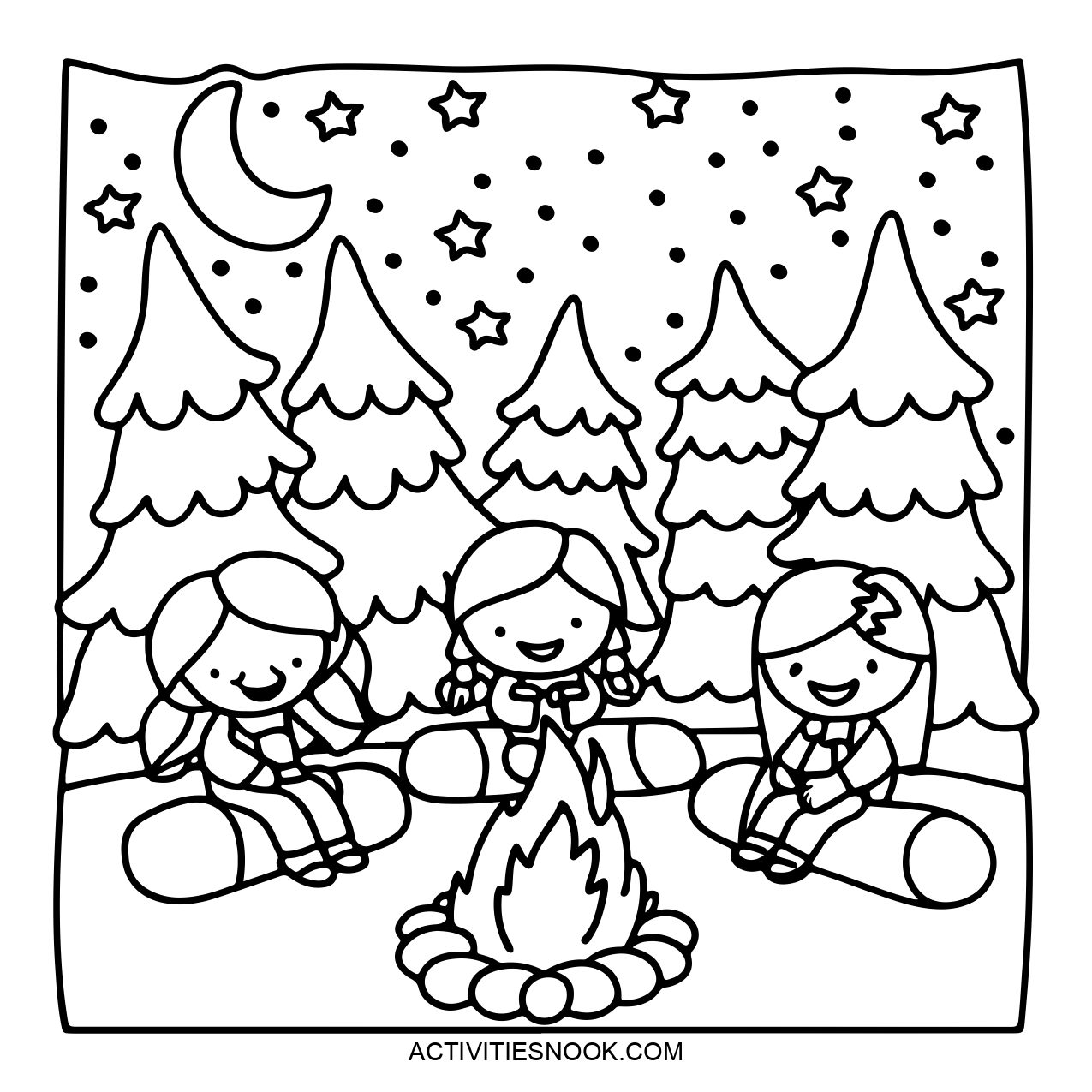 Three friends sitting around a campfire in a forest setting.