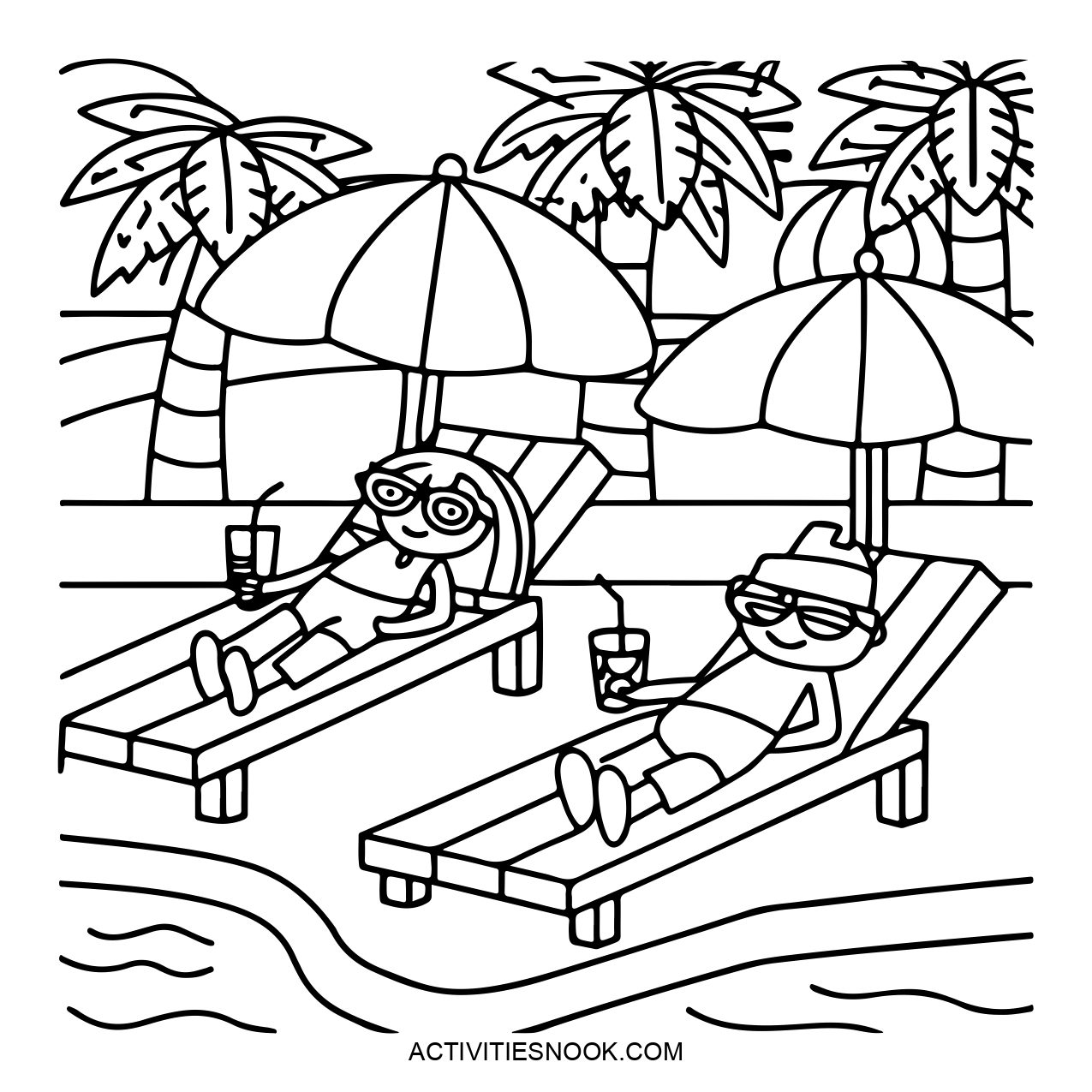 Two friends relaxing on lounge chairs by the pool, under umbrellas.
