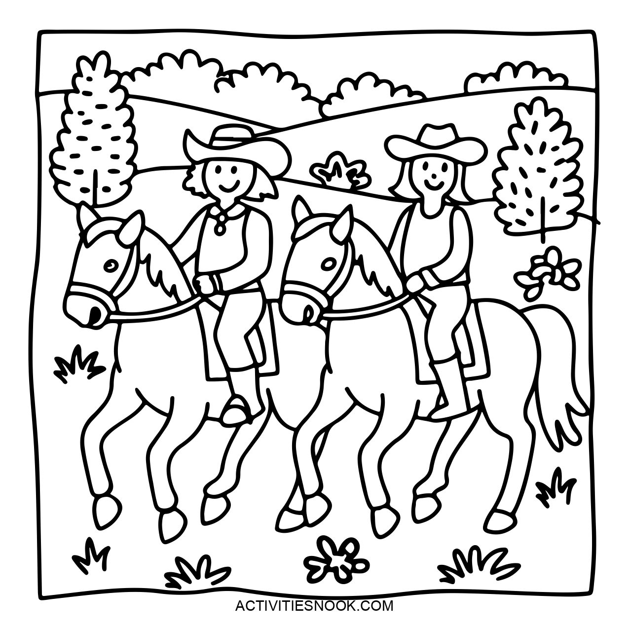 Two friends wearing cowboy hats and riding horses in a countryside scene.