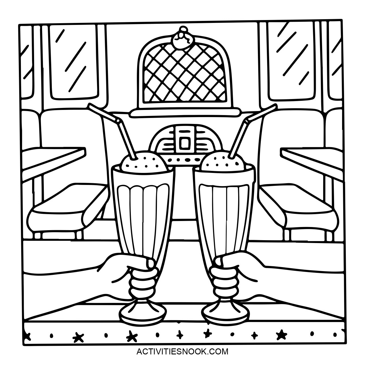 Two hands are raised, holding milkshake glasses with straws. The background features a diner interior with seating and a decorative element.