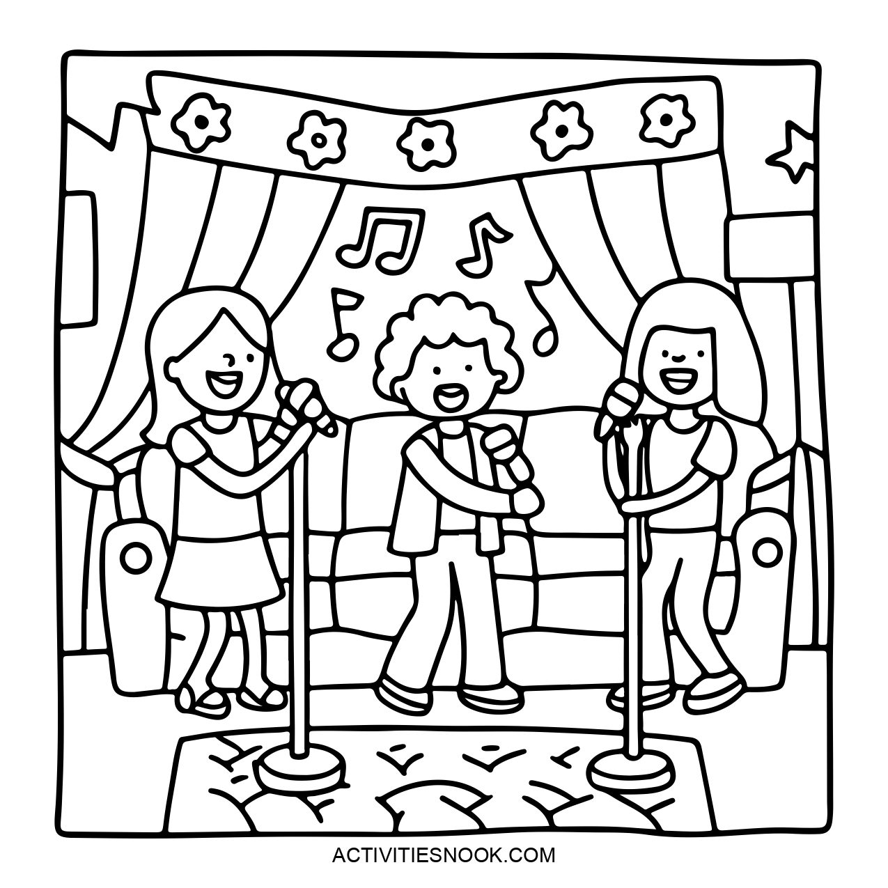 Three friends singing with microphones in a playful setting.