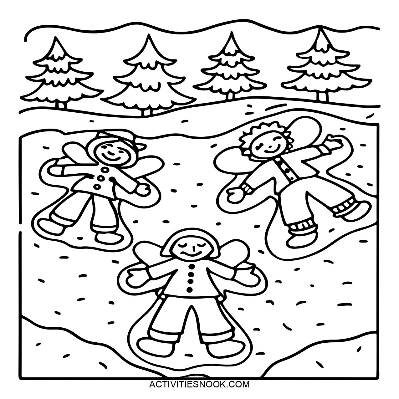 Three children are lying in the snow, creating snow angels. Each child is dressed in winter clothing, surrounded by a snowy landscape and evergreen trees.