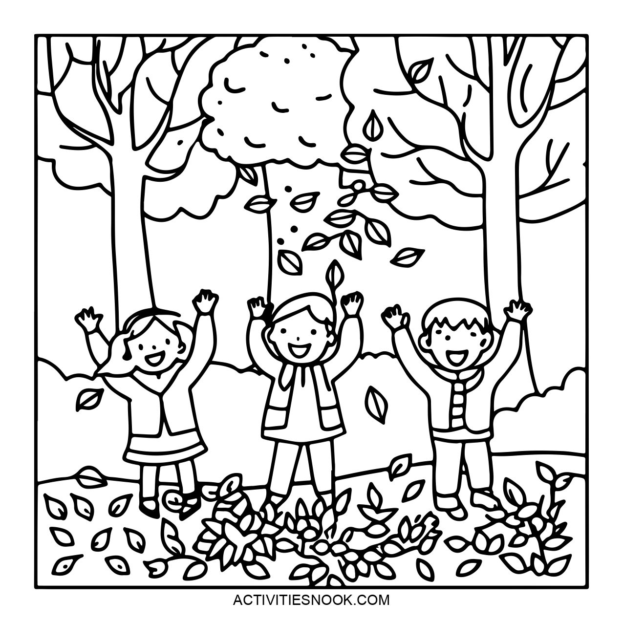 Three children are depicted with raised arms in a park, surrounded by falling leaves and trees. The scene captures a joyful moment in an outdoor setting.