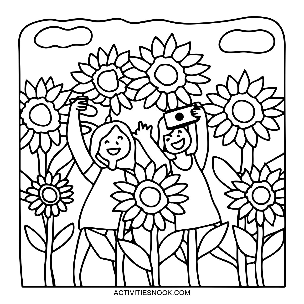 Two children are depicted smiling and holding a camera, surrounded by large sunflowers. The image is outlined for coloring.