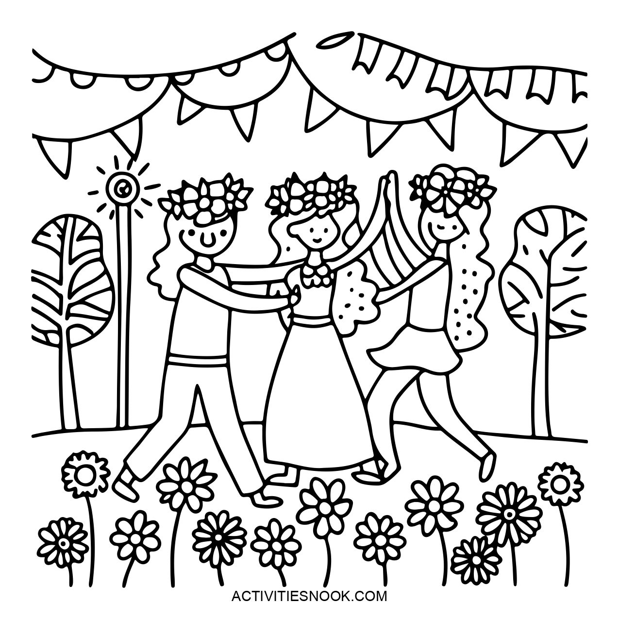 A black and white illustration of three children dancing together, adorned with flower crowns. The scene includes decorative banners and flowers.