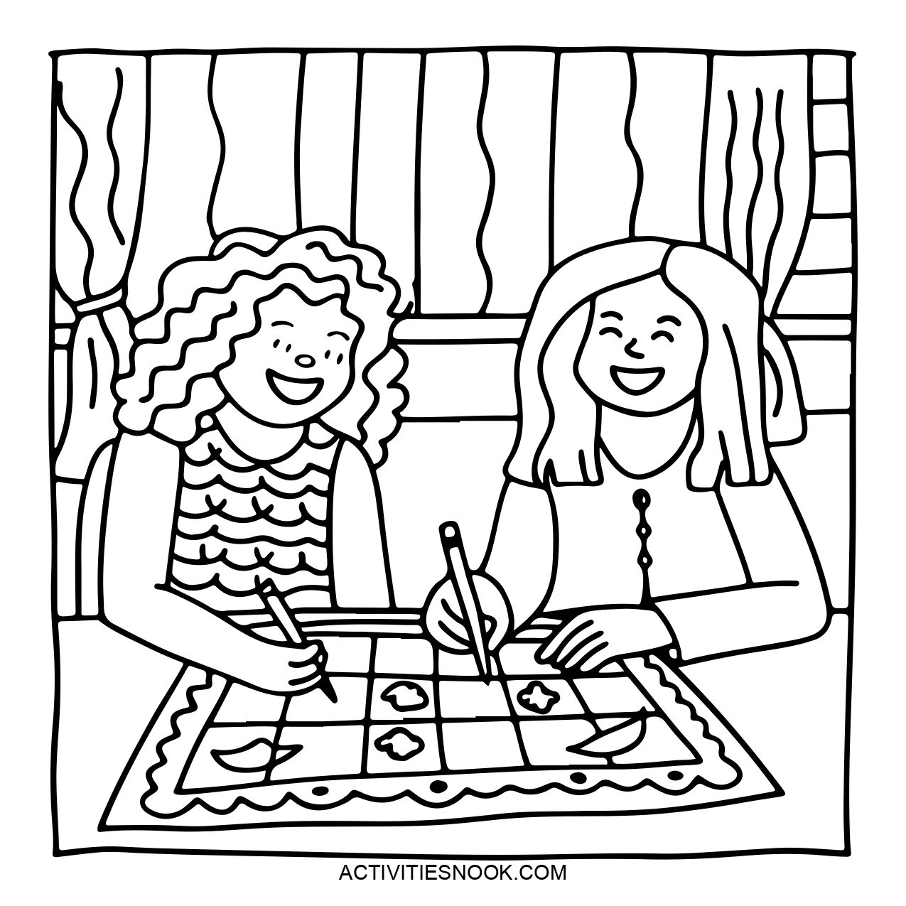 Two children are engaged in coloring a game board with various shapes. They are using colored pencils and appear to be enjoying the activity.