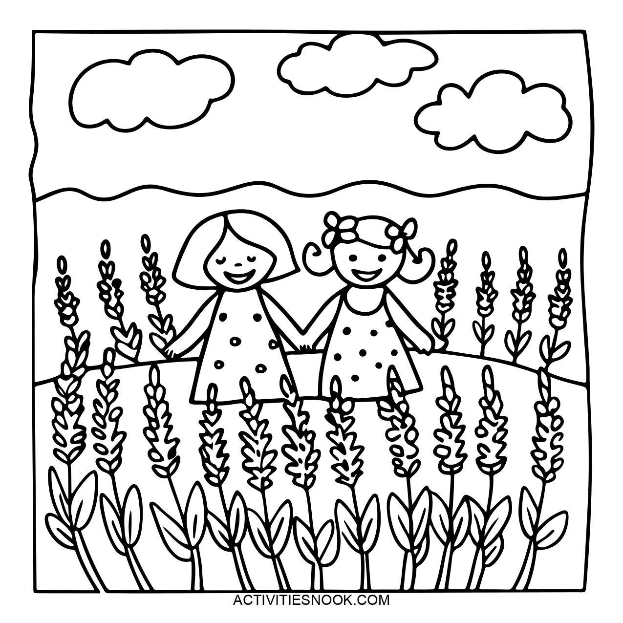 Two friends holding hands in a field of flowers.