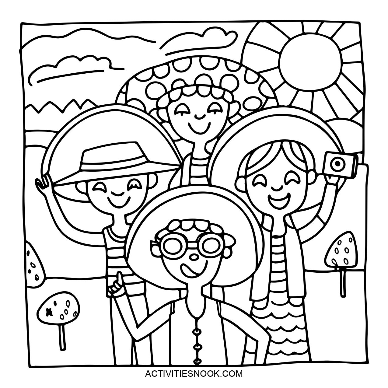 A coloring page depicting four friends wearing summer hats and smiling. The design includes simple outlines suitable for coloring.