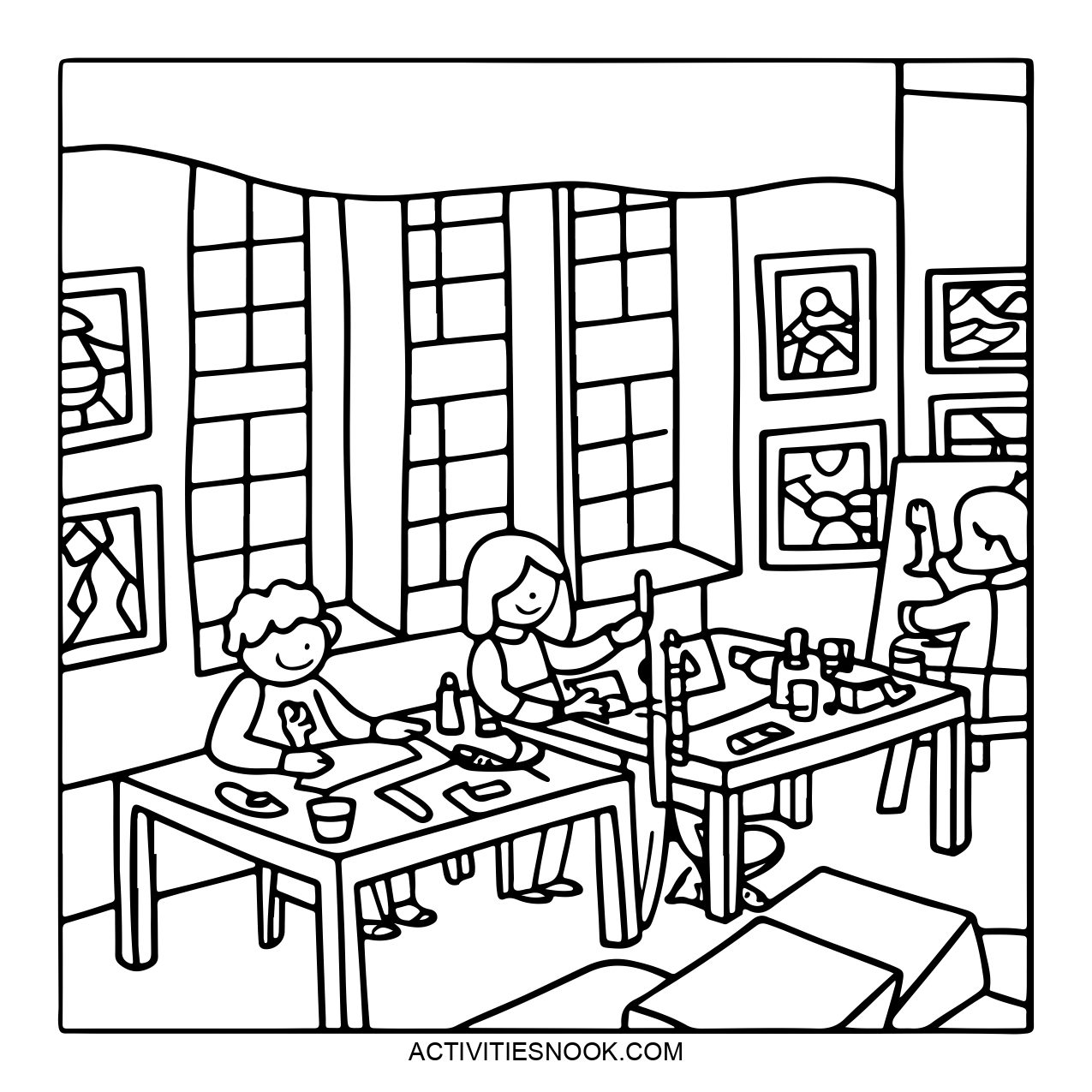 Friends engaged in a coloring activity in an art room.