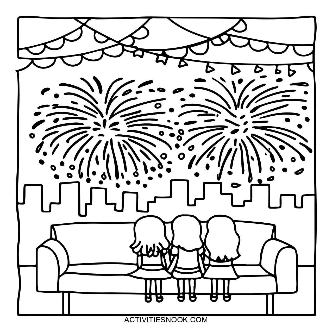 Three children sit on a couch, observing fireworks in the night sky through a window. The scene includes decorative elements like bunting.
