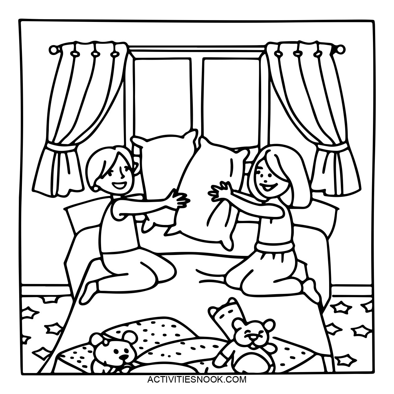 Two friends having a pillow fight during a slumber party.