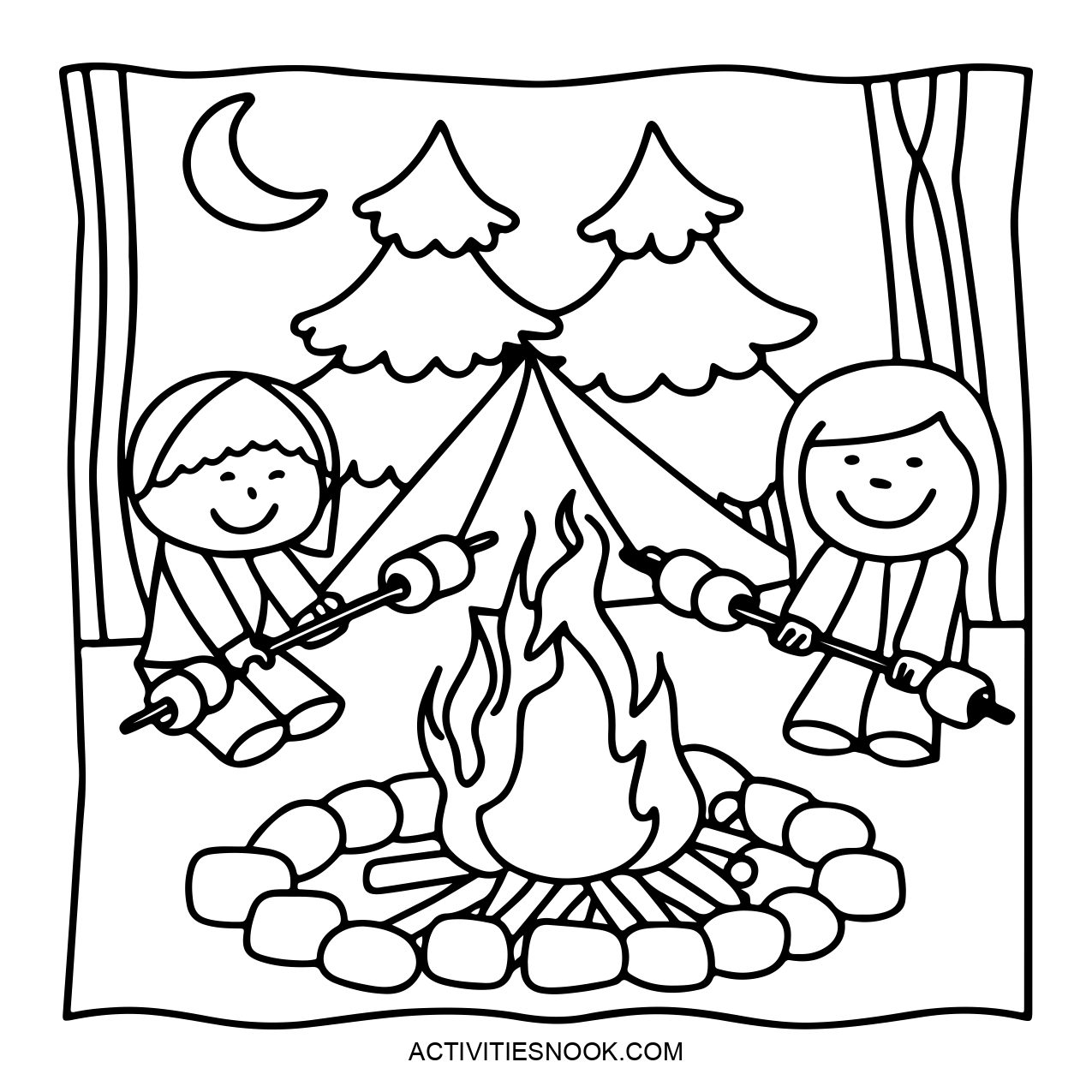 Two friends roasting marshmallows over a campfire in a coloring page.